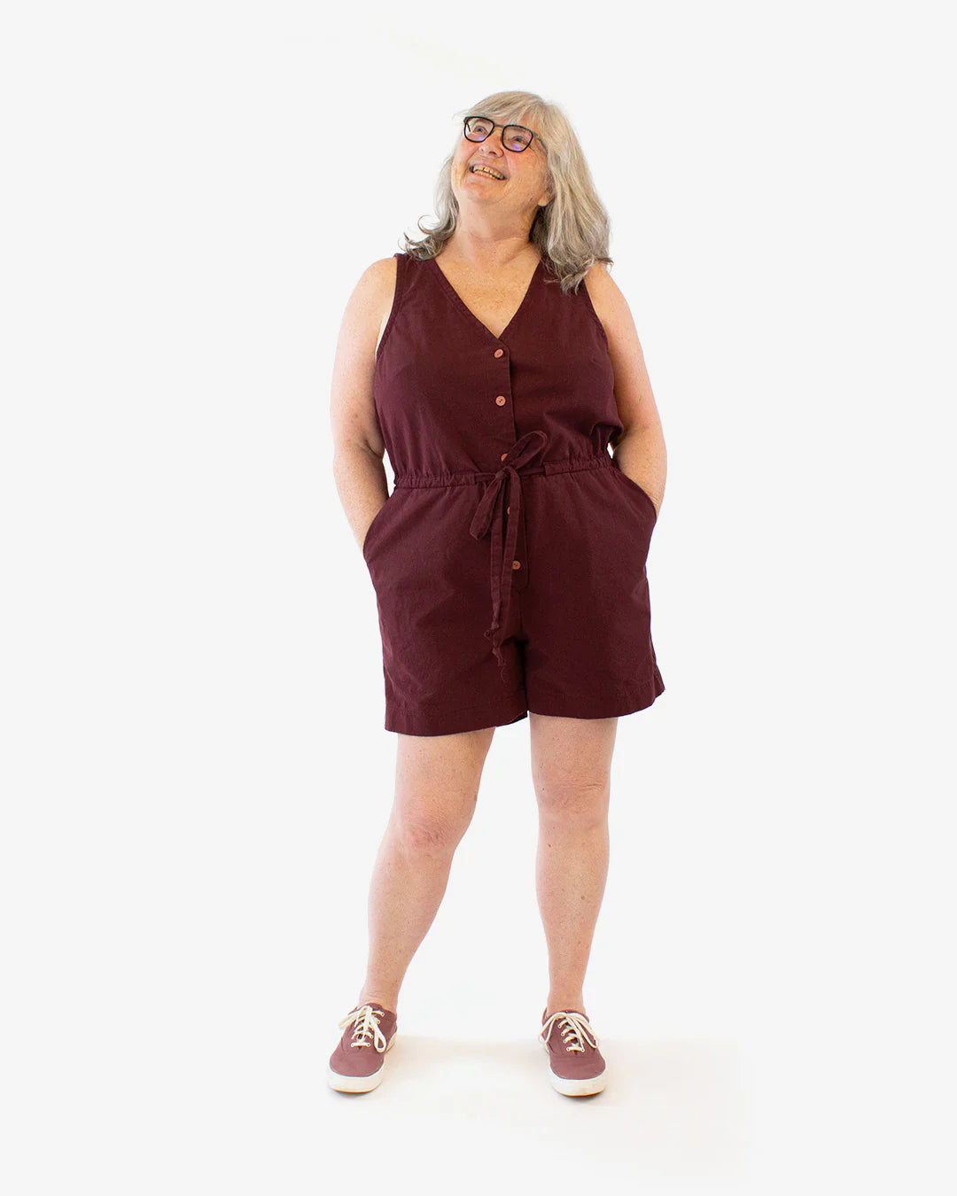 picture from the front of a person wearing the shorts view of lazo jumpsuit