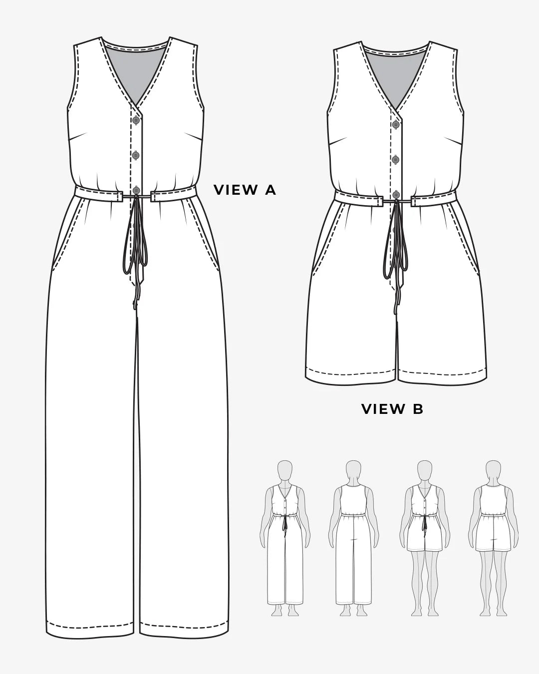 tech line drawing of the different views of lazo jumpsuit
