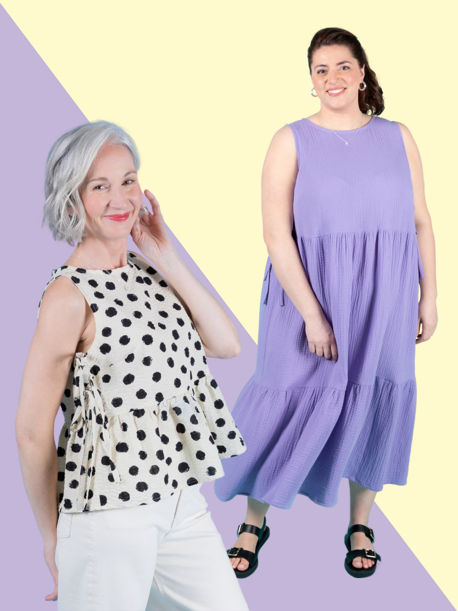 Two women wearing sleeveless tops and dresses on a colorful background