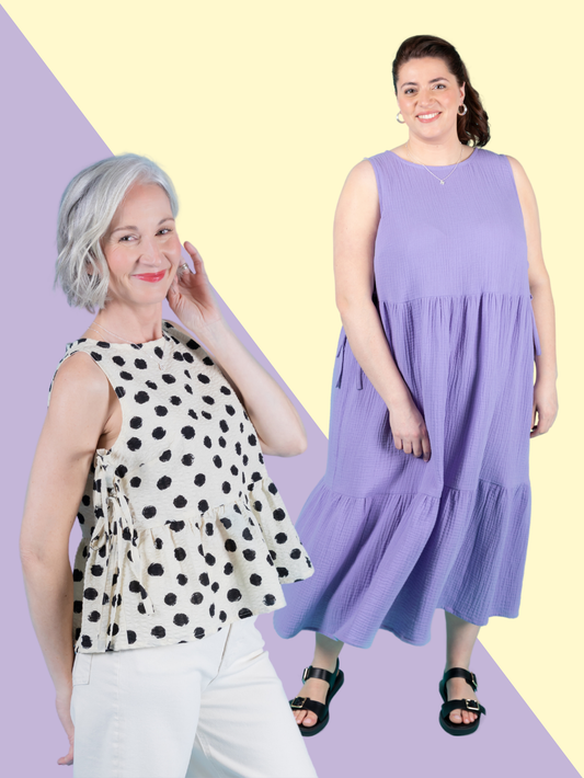 Two women wearing sleeveless tops and dresses on a colorful background