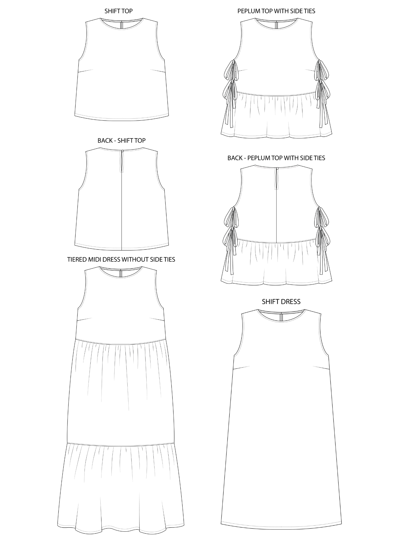 Line drawings of various tops and dresses on a white background