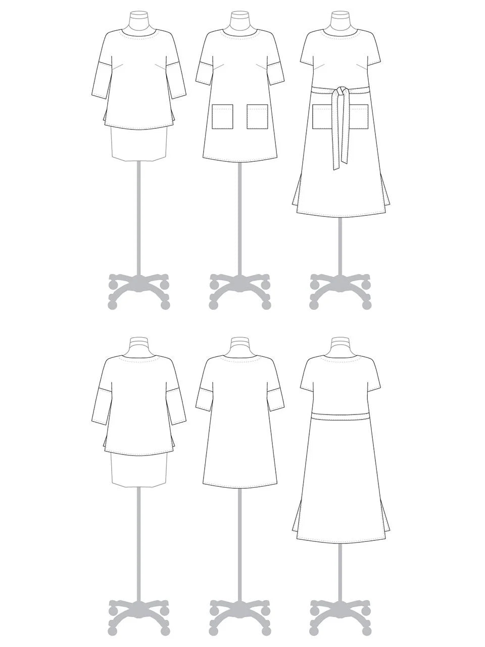 Line drawings of dresses on mannequins against a white background