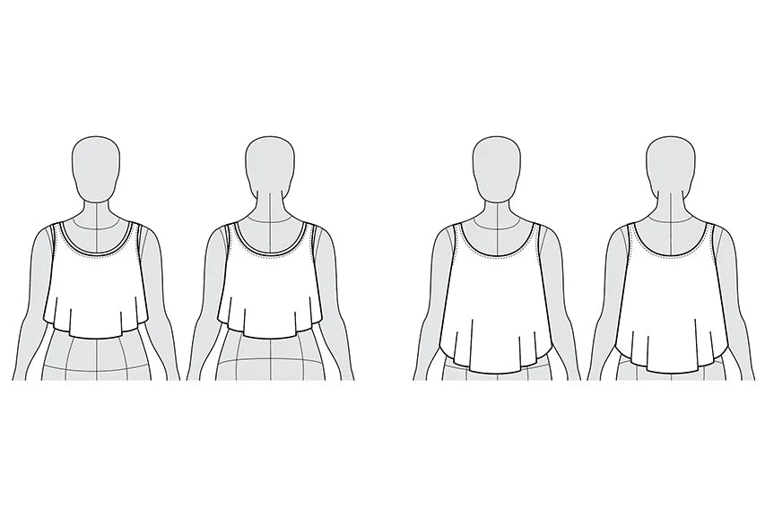 Line art of a sleeveless top on mannequins with different poses