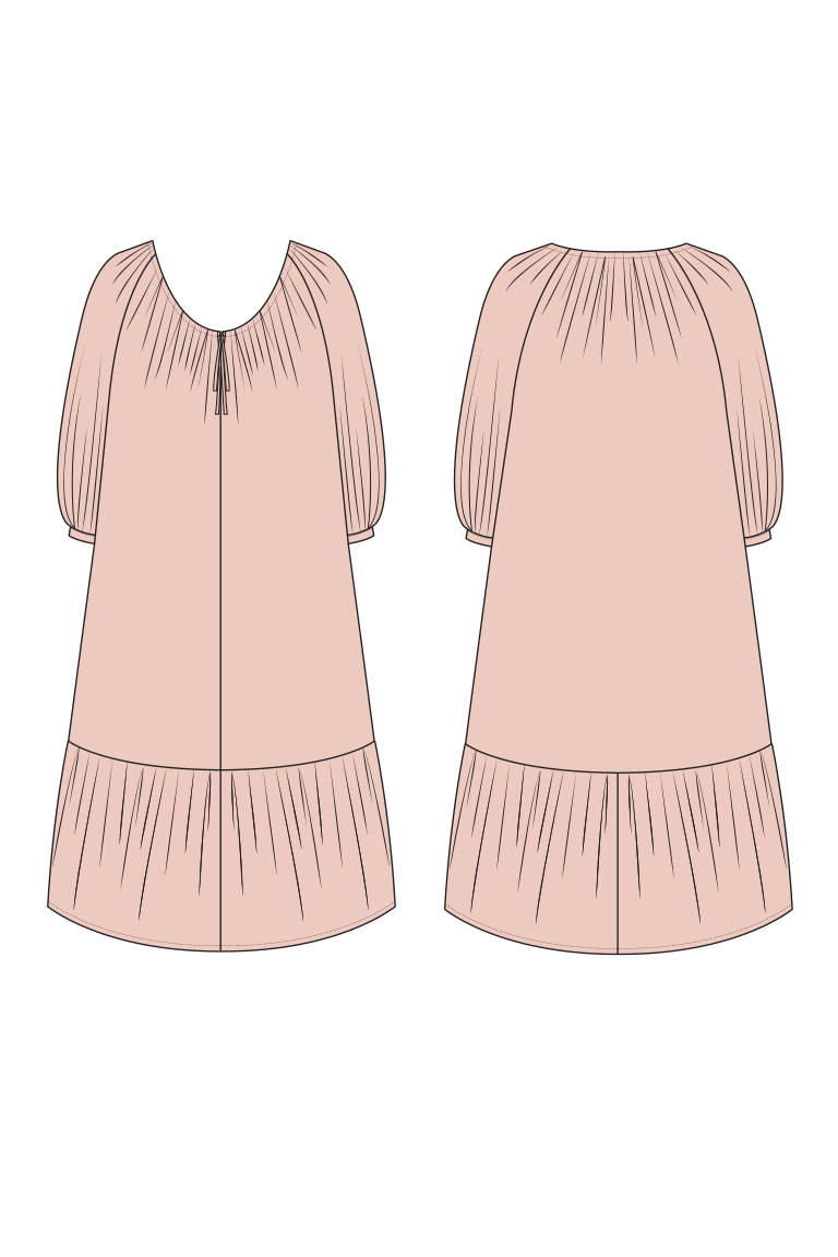 Pink dress with short sleeves and pleated skirt shown from front and back on a white background