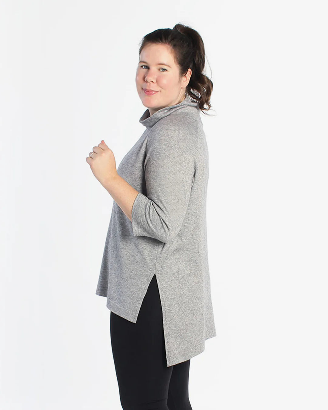 picture of person wearing split hem view of elliot sweater