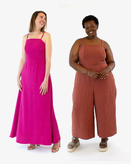 picture of two people modeling both the long dress and jumpsuit views of lockhart sewing pattern.