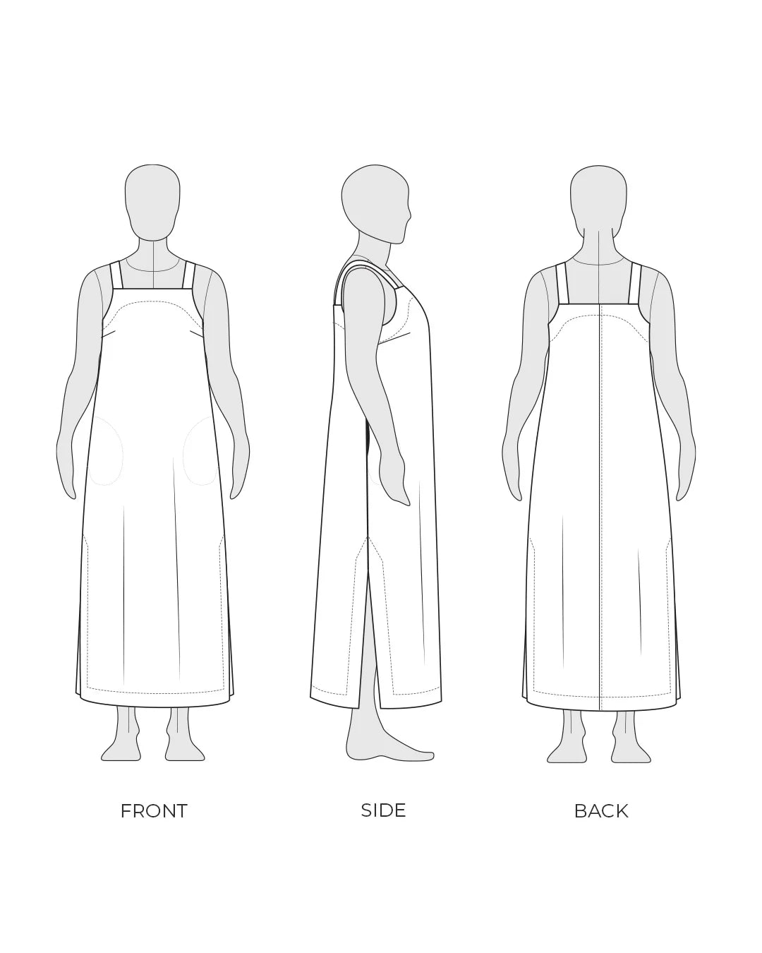 tech line sketch line drawing of the front, side and back views of Reynolds sewing pattern