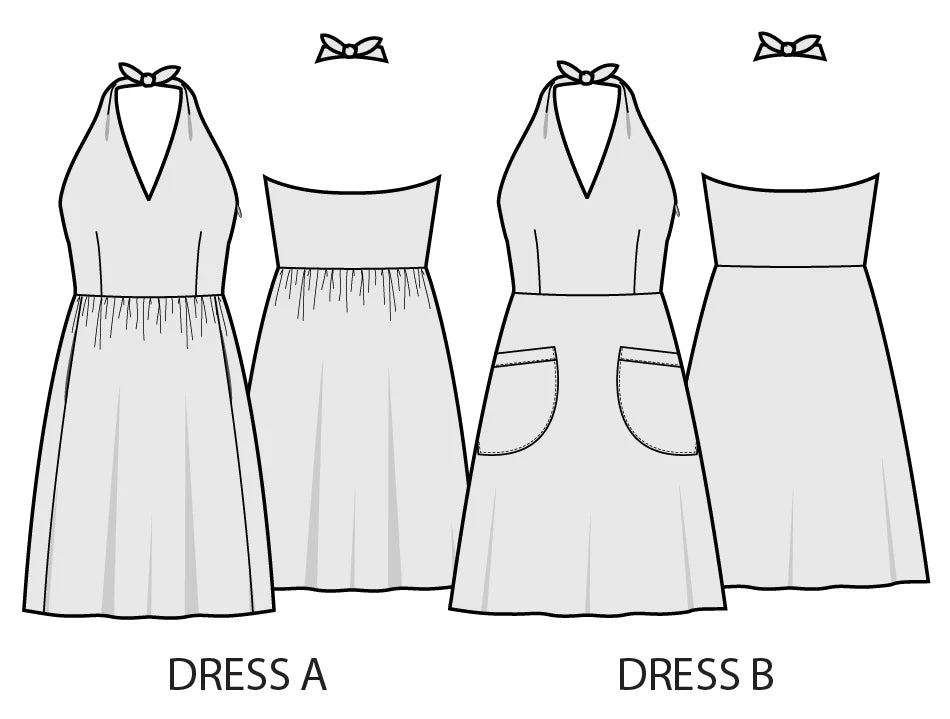Line drawings of two dresses labeled 'Dress A' and 'Dress B' on a white background.
