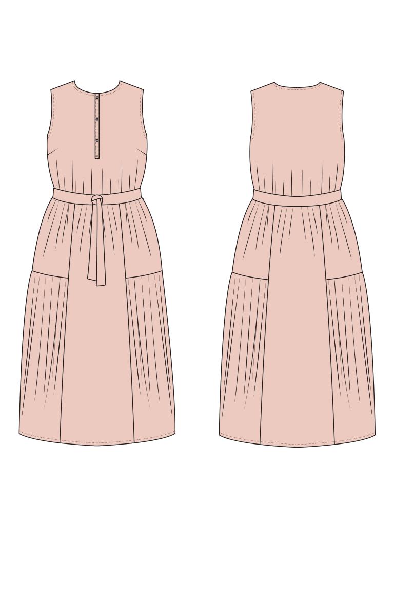 A flat line-art illustration showing the front and back views of a sleeveless midi dress in a soft blush pink color, with a tie belt at the waist and pleated skirt details.