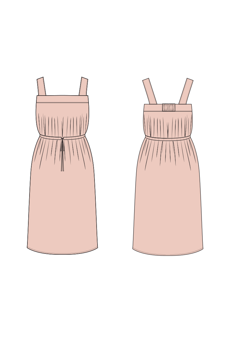 Two illustrations of a pink dress with thin straps on a white background
