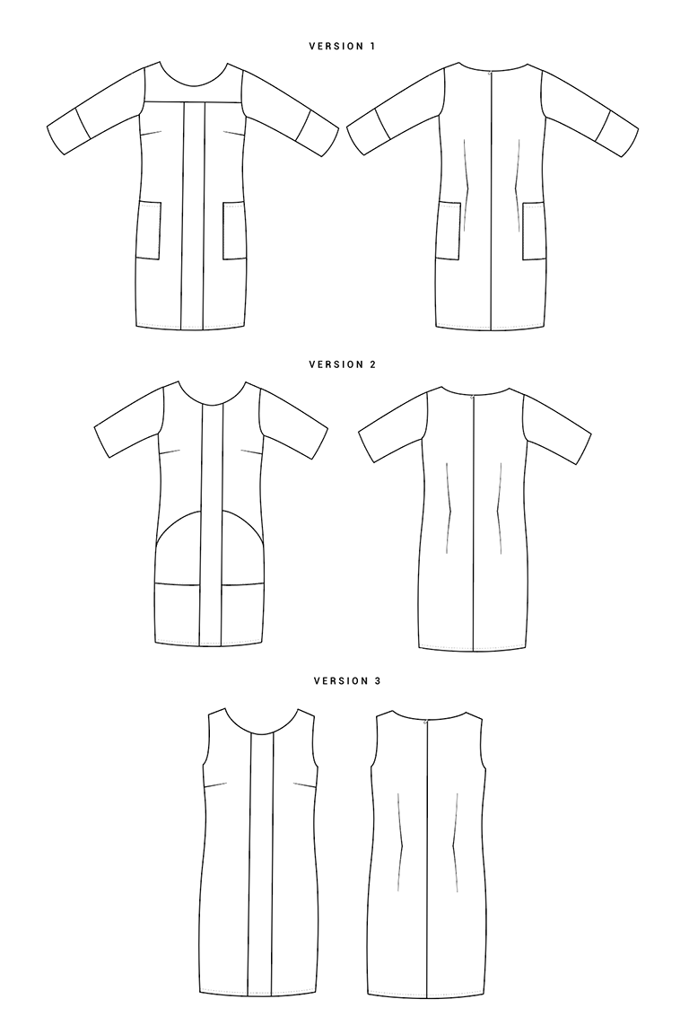 Line drawings of a garment with three different versions on a white background