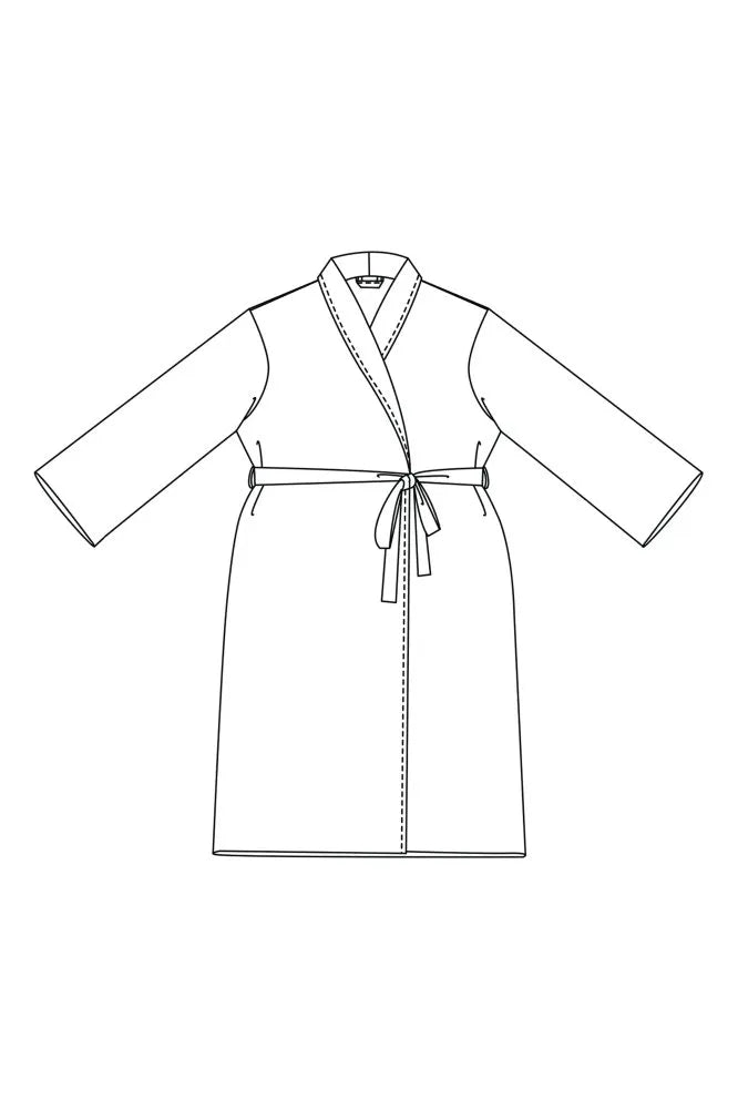Line drawing of a kimono-style robe on a white background
