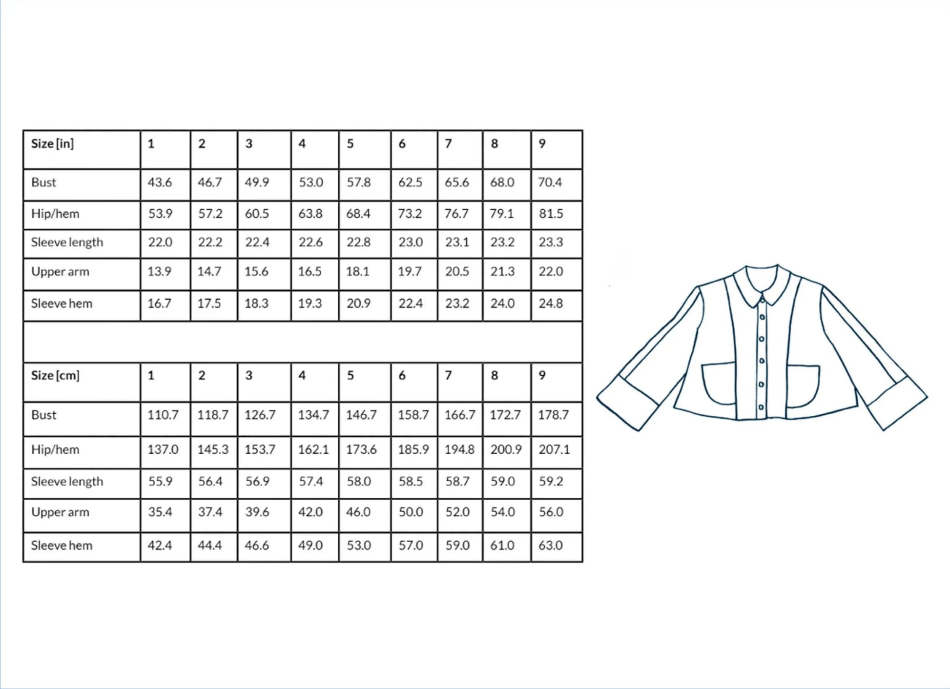 size chart with line drawing