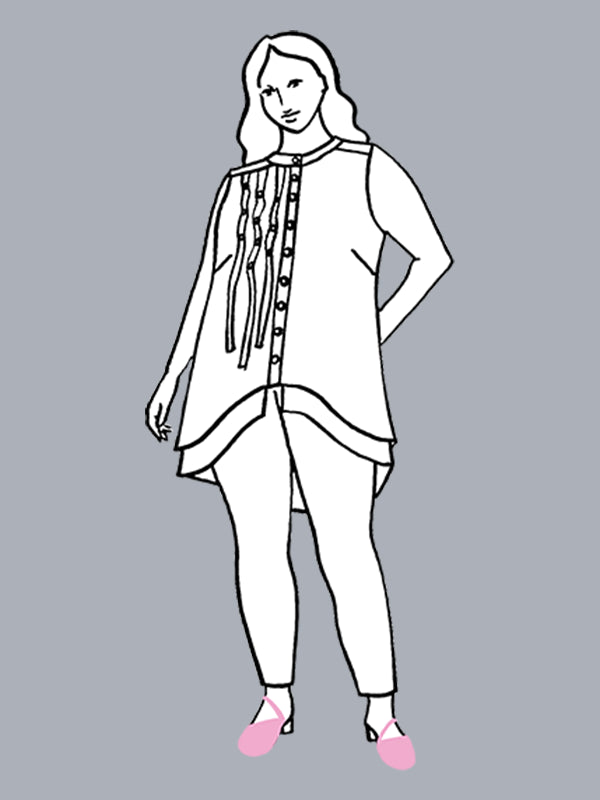 Line drawing of a person wearing a long-sleeve top and pants on a gray background