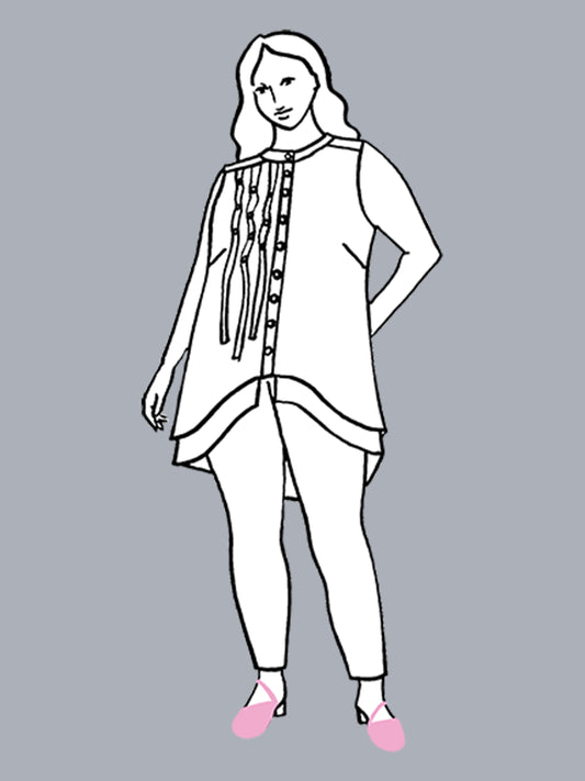 Line drawing of a person wearing a long-sleeve top and pants on a gray background