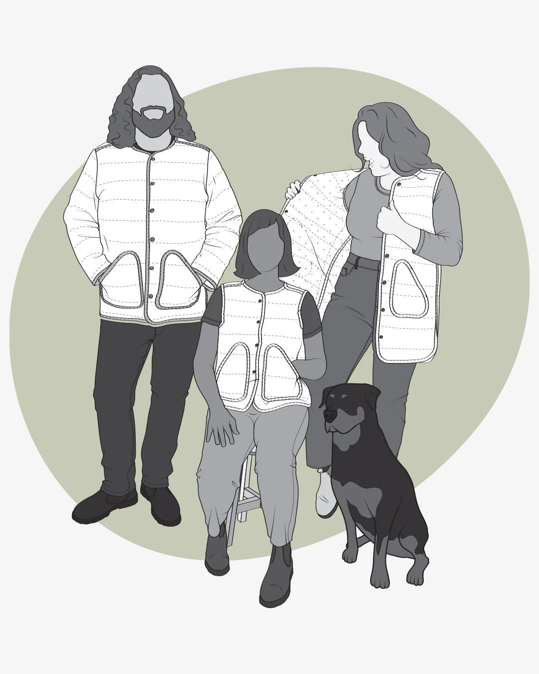 illustration of the different views of the wildwood jacket and vest sewing pattern