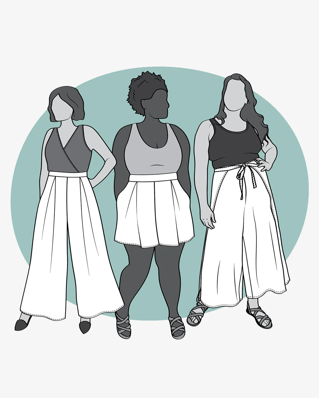 illustration of different views of the winslow culottes