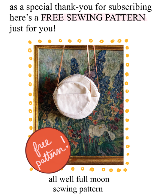 Promotional image featuring a sewing pattern with the text 'As a special thank - you for subscribing here's a FREE SEWIN' PATTERN' just below a painted floral image. There's a 'Free Pattern' label and a 'Well' in the text, indicating a likely wellness or moon-themed pattern.